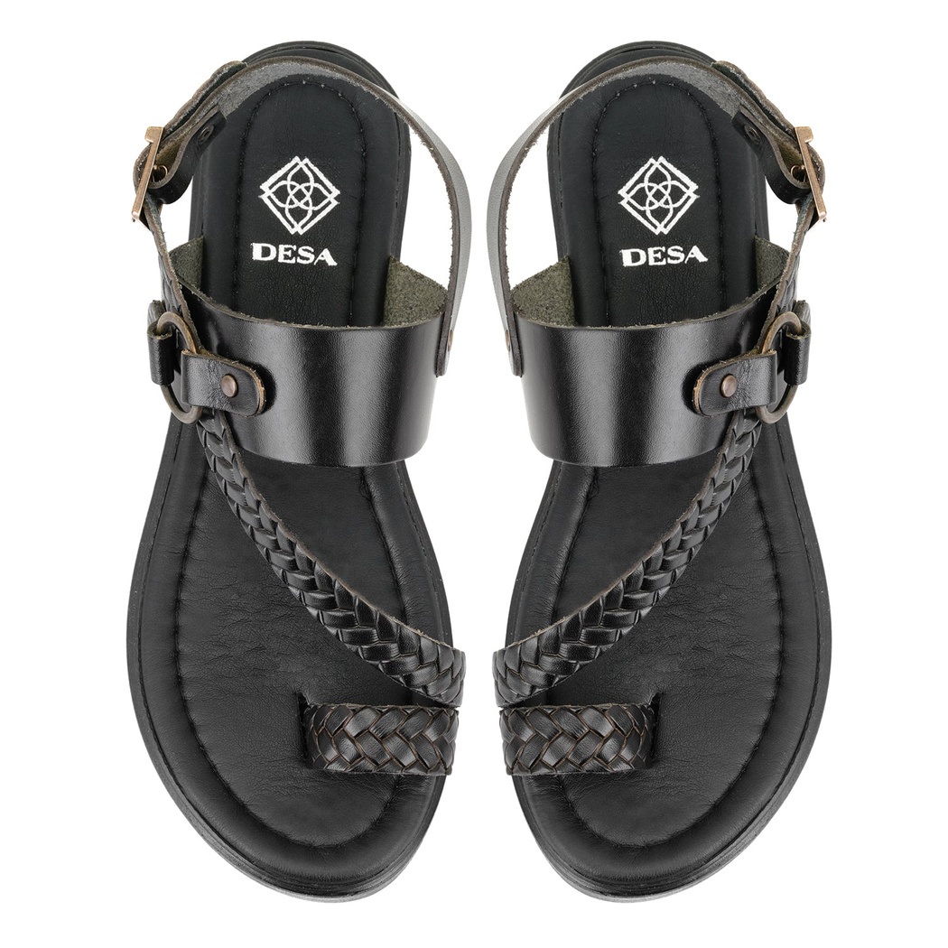 Kadın Siyah Ayarlanabilir Tokalı Deri Sandalet