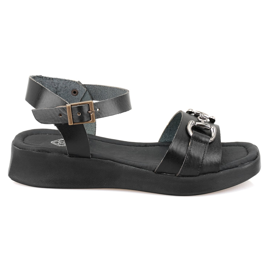 Kadın Siyah Ayarlanabilir Tokalı Deri Sandalet