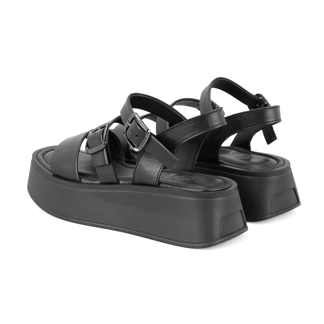 Kadın Siyah Ayarlanabilir Tokalı Deri Sandalet