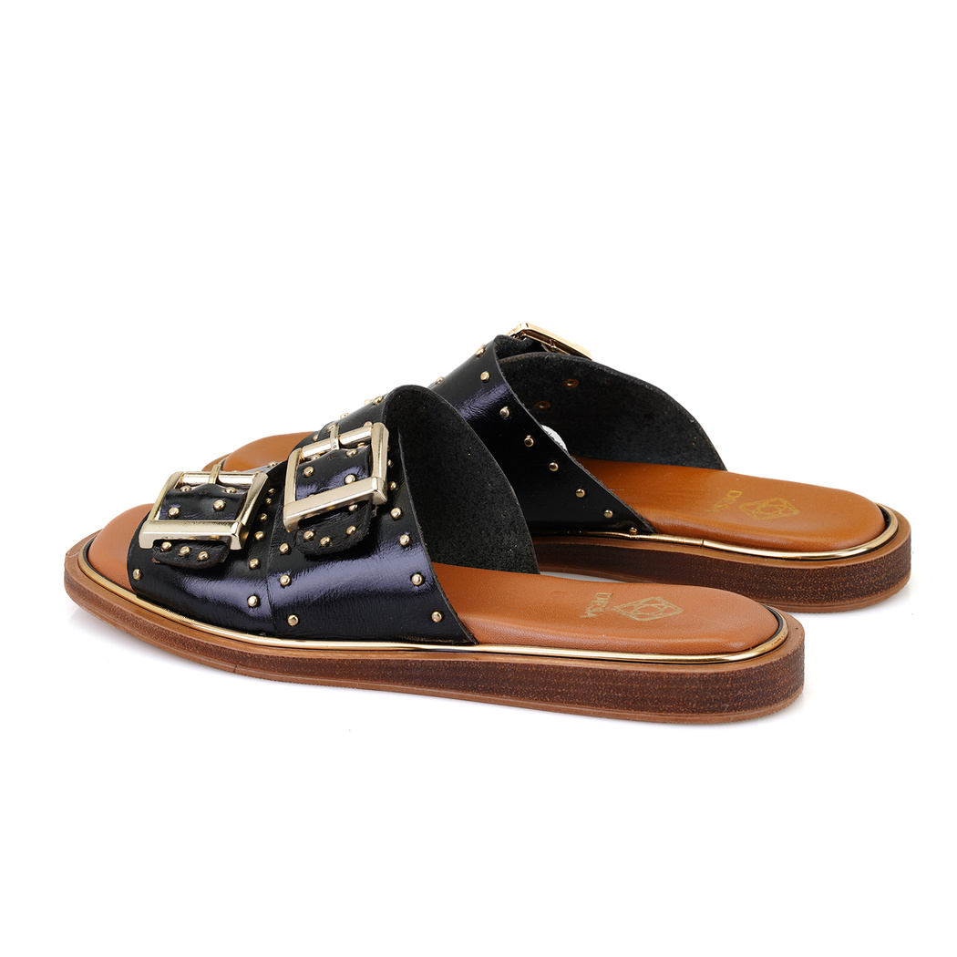 Kadın Siyah Ayarlanabilir Tokalı Deri Terlik