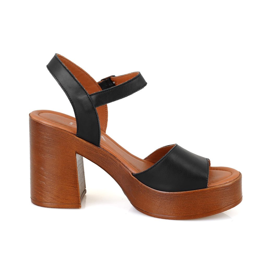 Kadın Siyah Ayarlanabilir Tokalı Topuklu Deri Sandalet