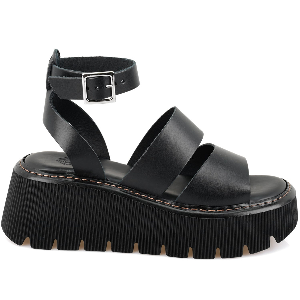 Kadın Siyah Dolgu Tabanlı Deri Sandalet