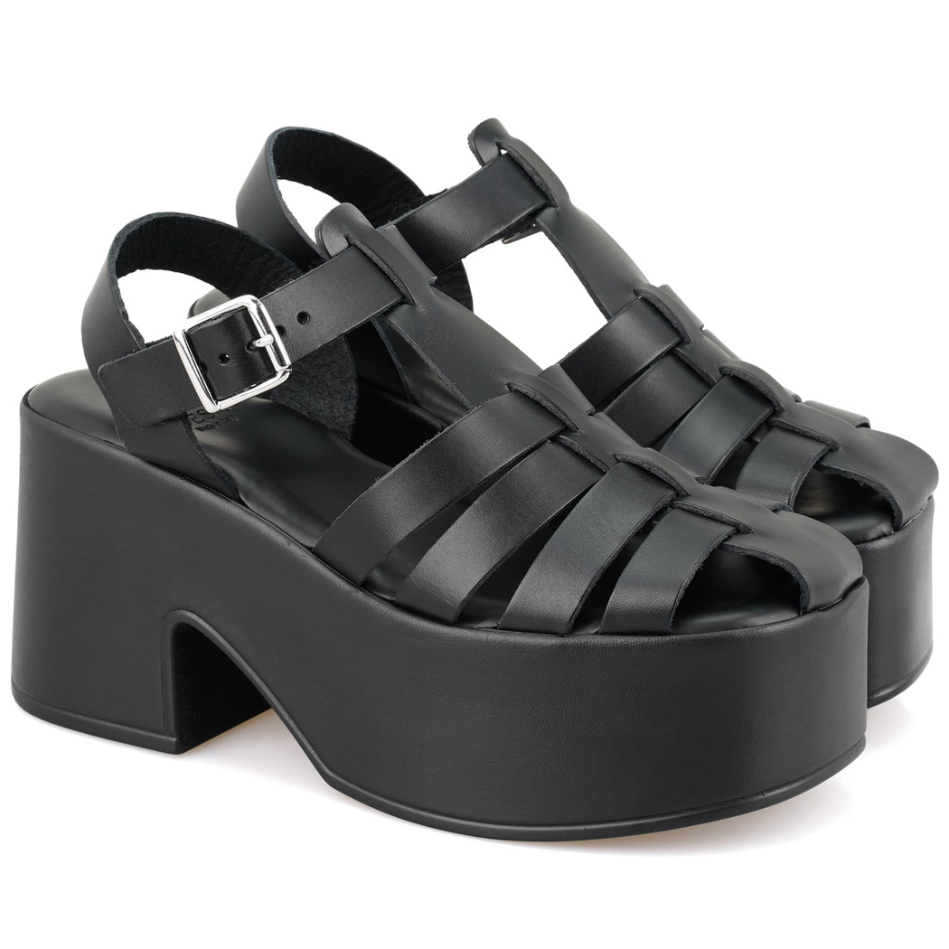 Kadın Siyah Dolgu Topuklu Deri Sandalet