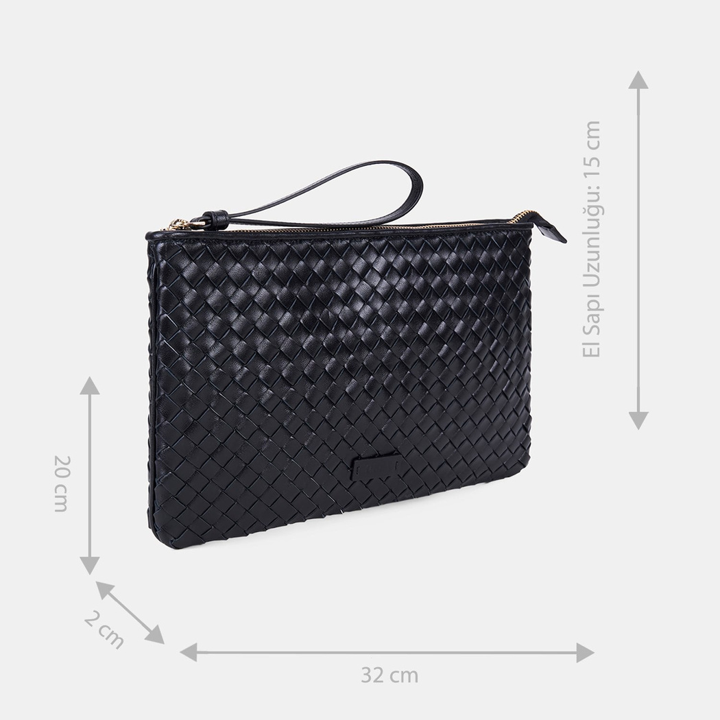 Kadın Siyah El Örgüsü Deri Clutch