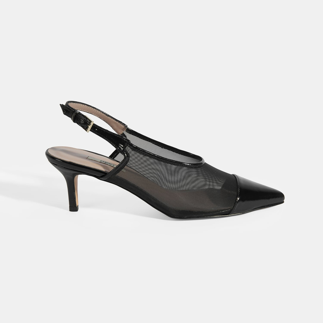 Kadın Siyah Fileli Ayarlanabilir Tokalı Rugan Topuklu Klasik Ayakkabı