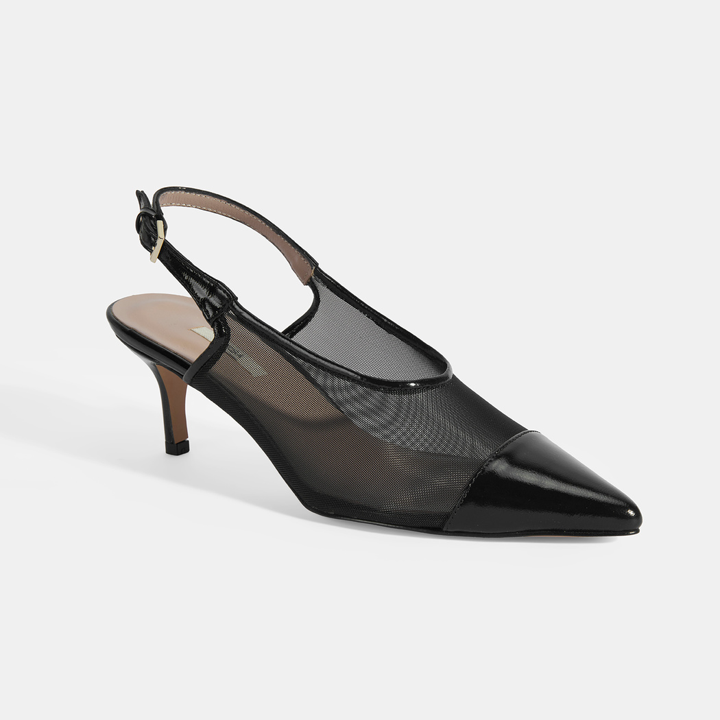 Kadın Siyah Fileli Ayarlanabilir Tokalı Rugan Topuklu Klasik Ayakkabı