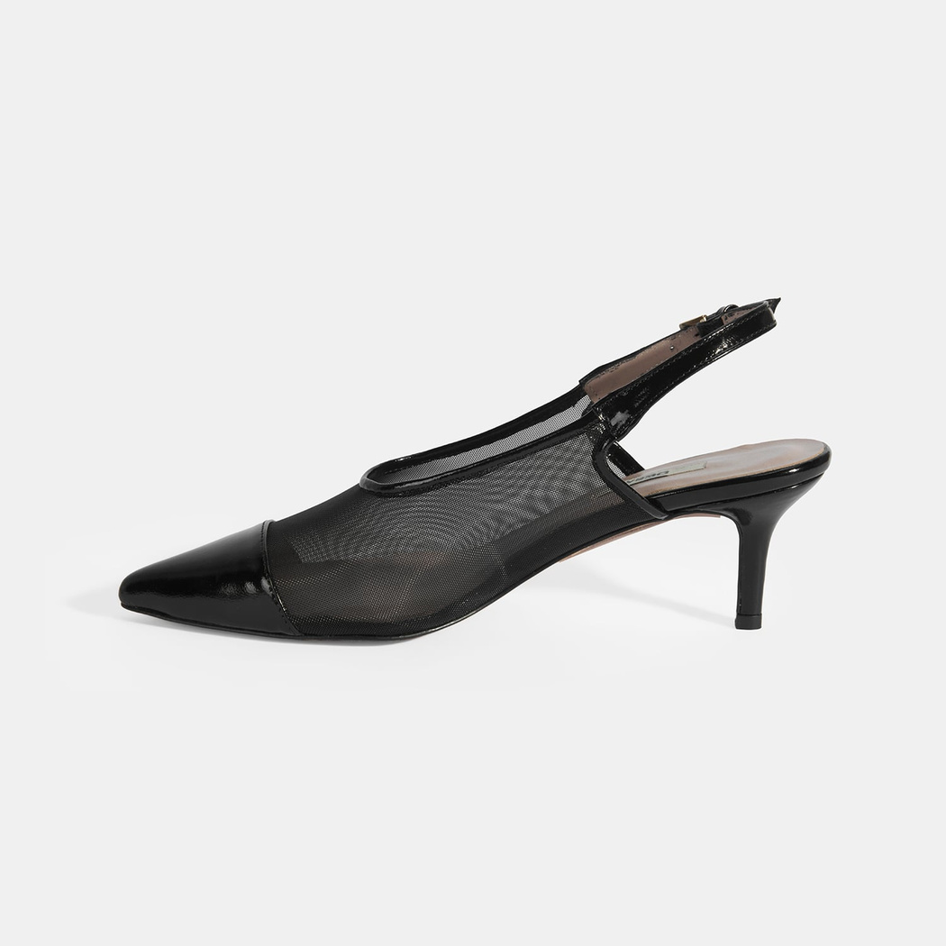 Kadın Siyah Fileli Ayarlanabilir Tokalı Rugan Topuklu Klasik Ayakkabı