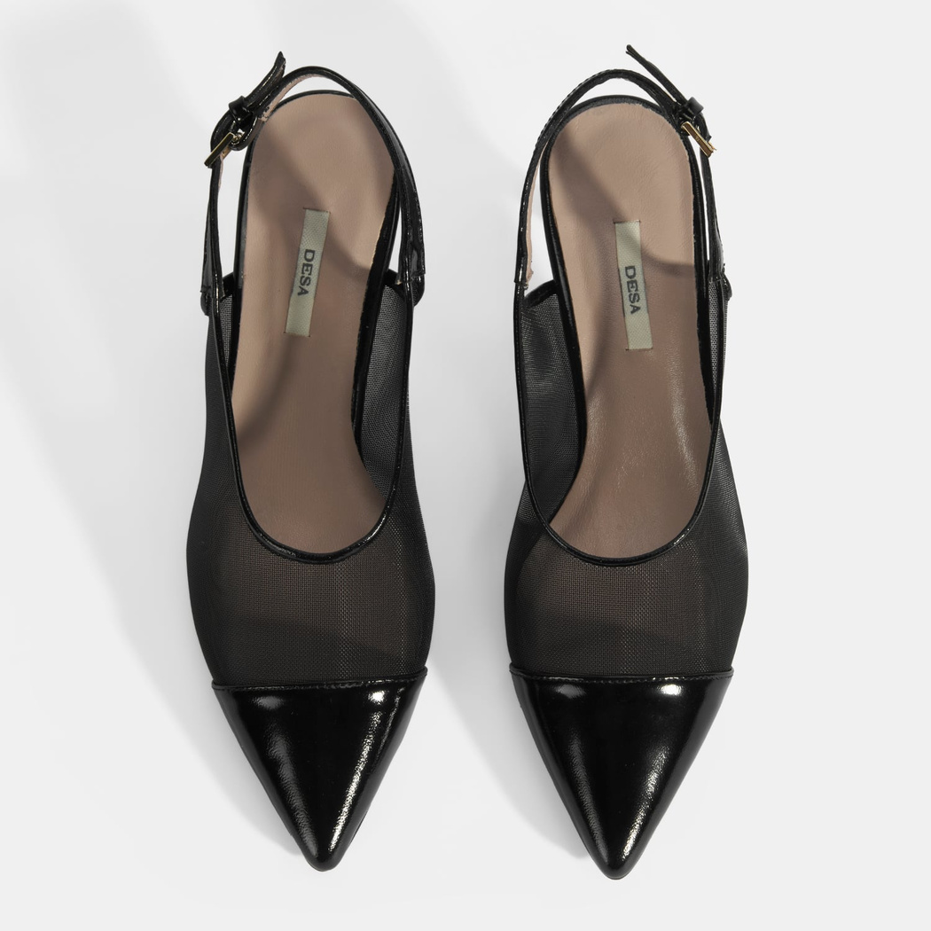 Kadın Siyah Fileli Ayarlanabilir Tokalı Rugan Topuklu Klasik Ayakkabı