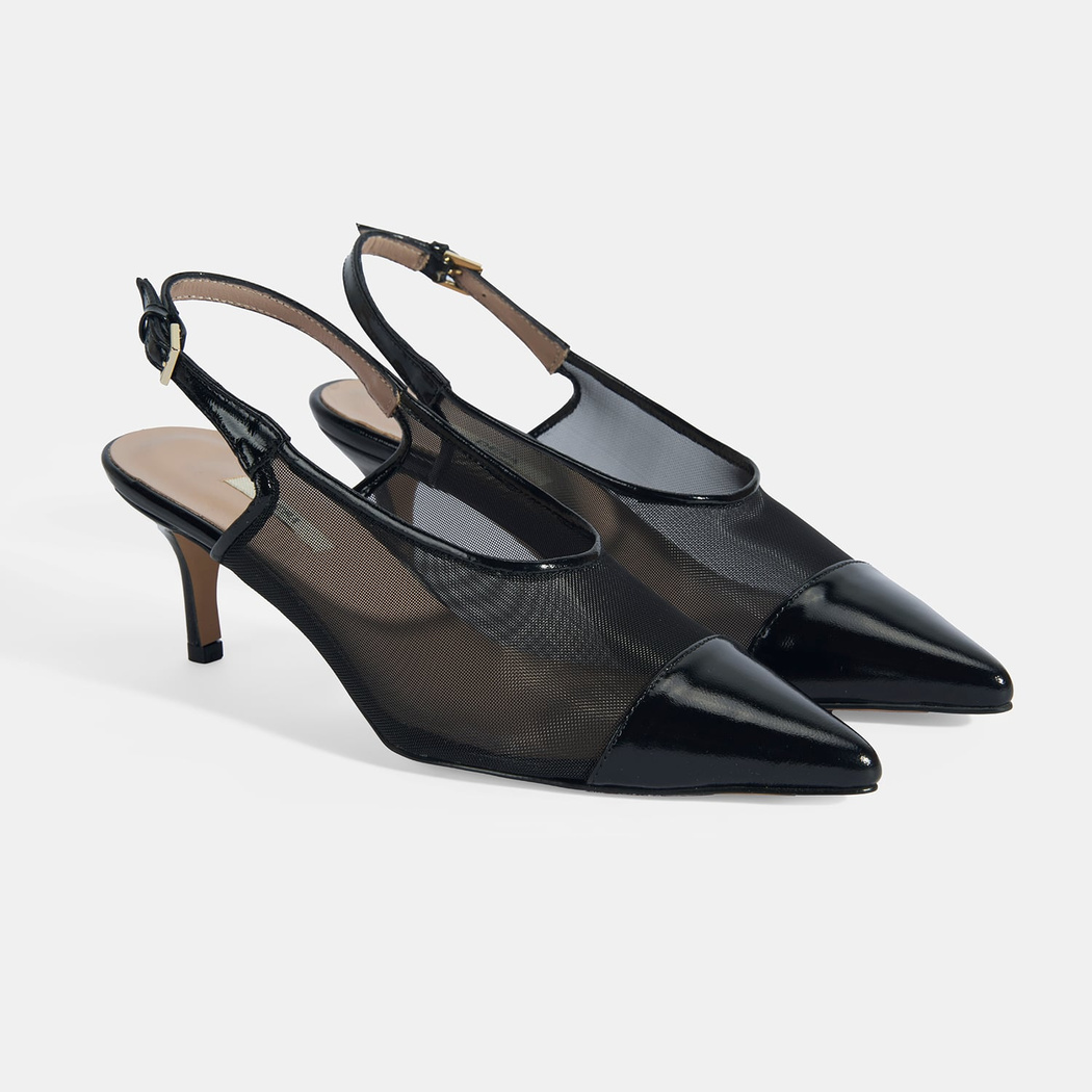 Kadın Siyah Fileli Ayarlanabilir Tokalı Rugan Topuklu Klasik Ayakkabı