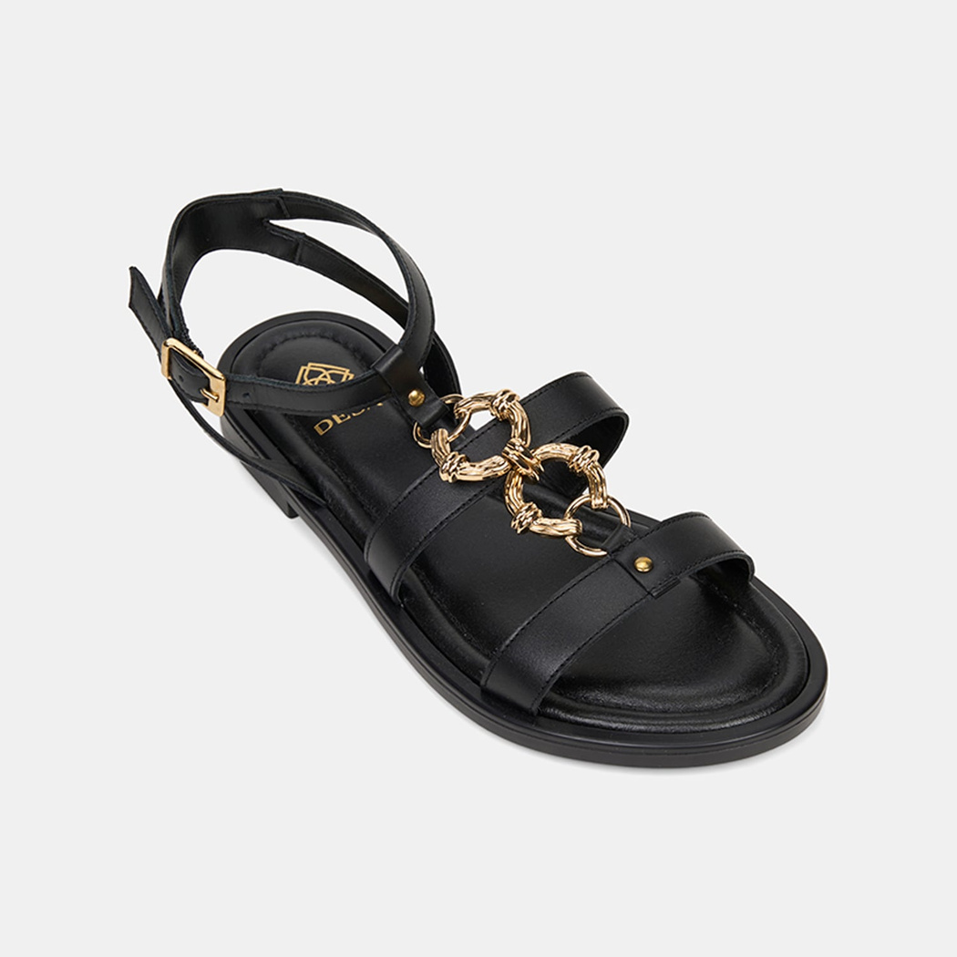 Kadın Siyah Gold Aksesuar Detaylı Deri Sandalet