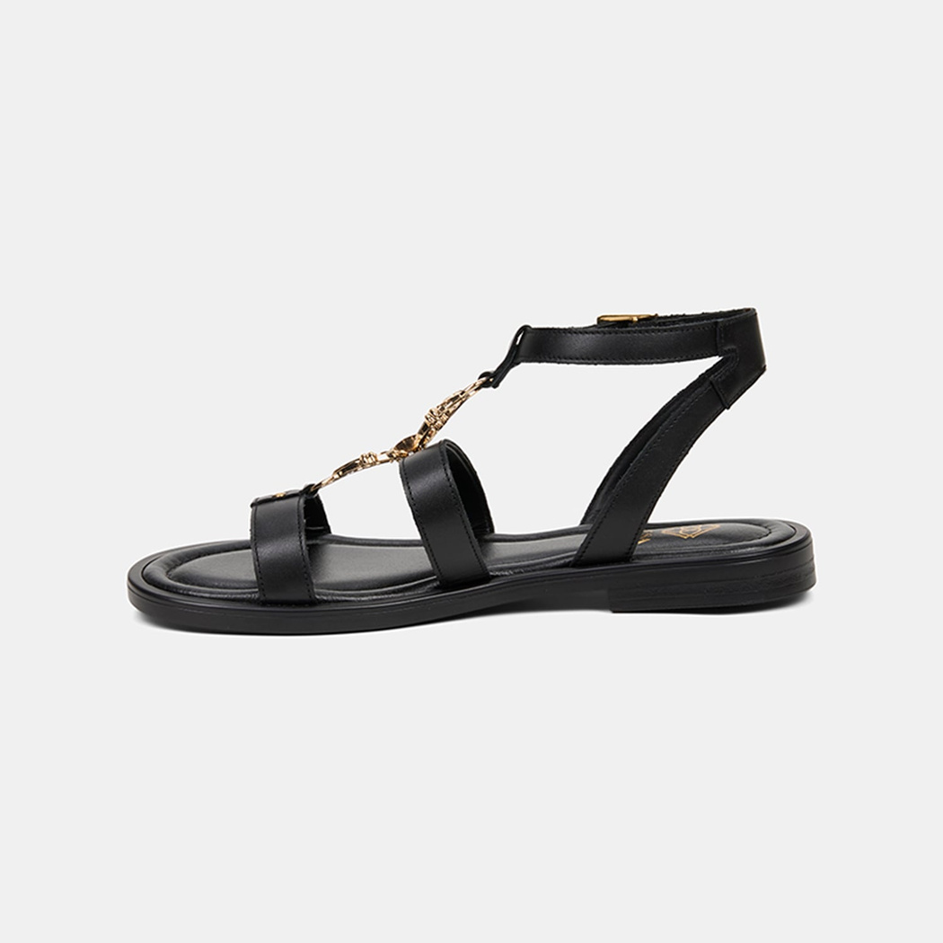 Kadın Siyah Gold Aksesuar Detaylı Deri Sandalet