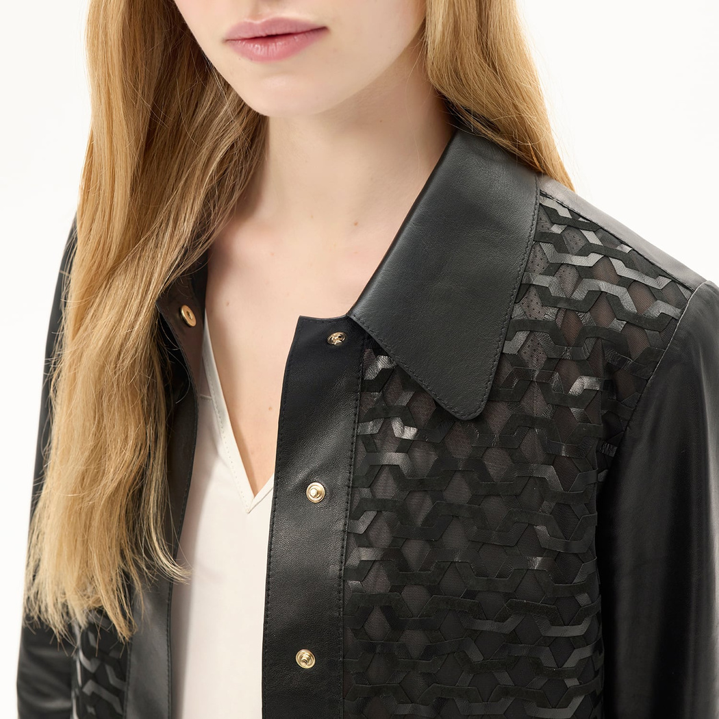 Kadın Siyah Gömlek Yaka Örmeli Deri Ceket