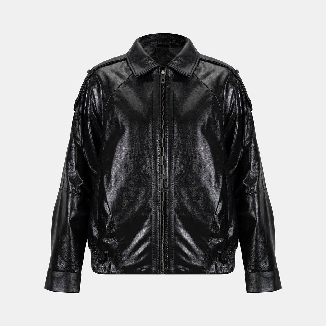 Kadın Siyah Gömlek Yakalı Deri Bomber Ceket