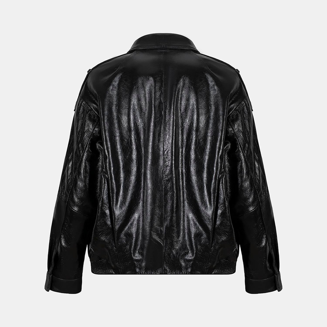 Kadın Siyah Gömlek Yakalı Deri Bomber Ceket