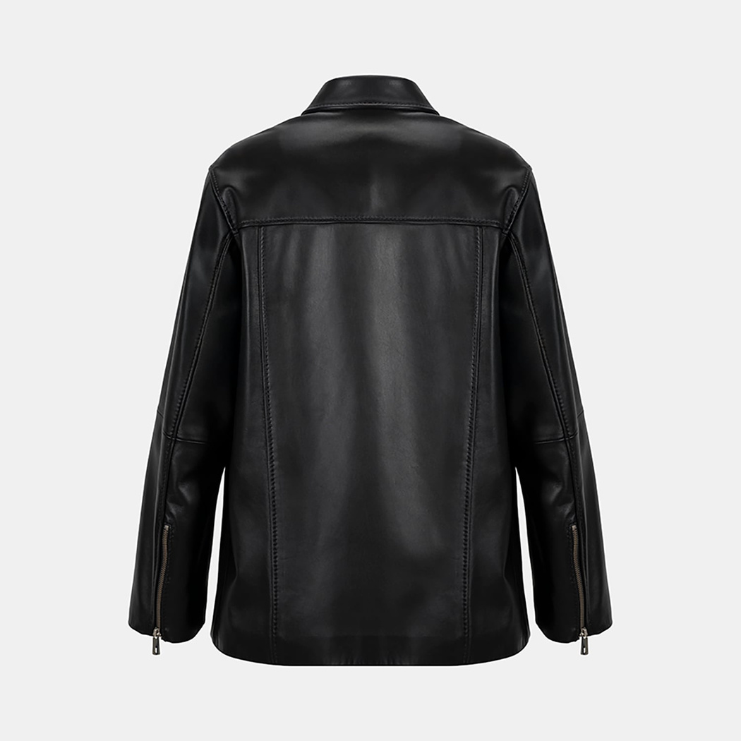 Kadın Siyah Gömlek Yakalı Deri Ceket