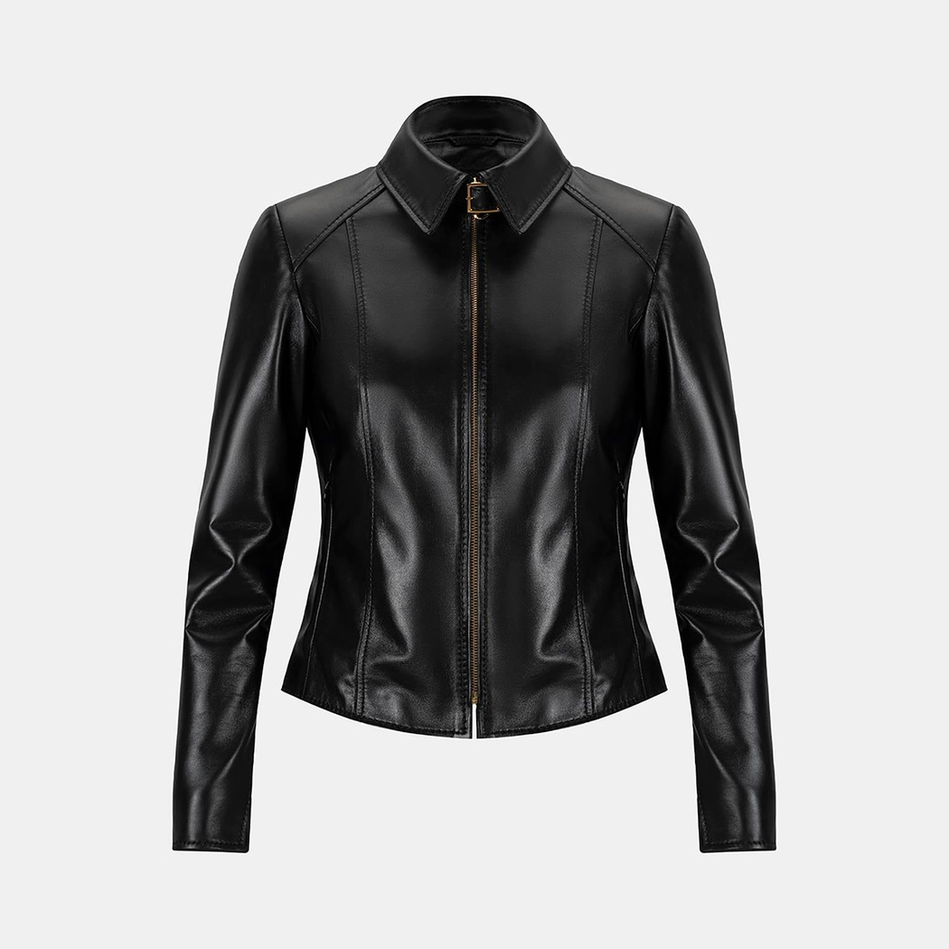Kadın Siyah Gömlek Yakalı Fit Deri Ceket