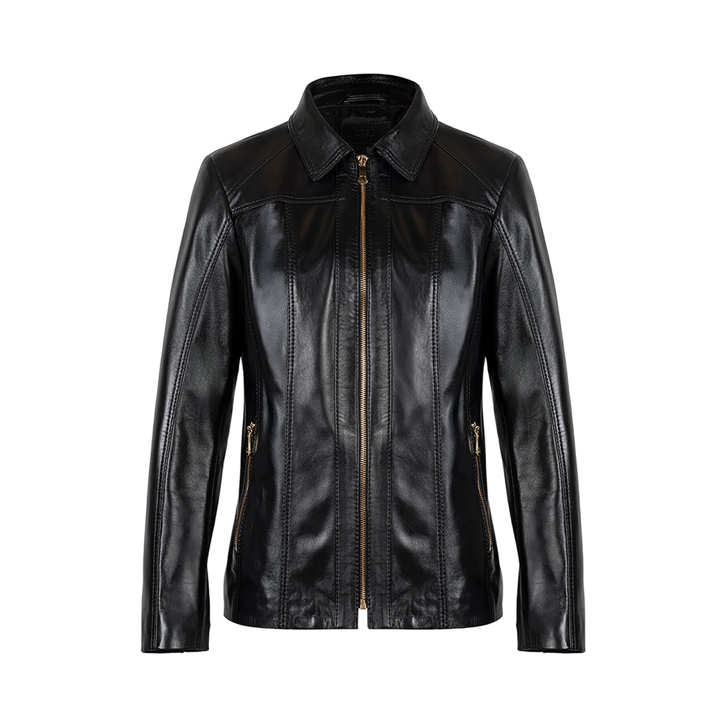 Kadın Siyah Gömlek Yakalı Fit Deri Ceket