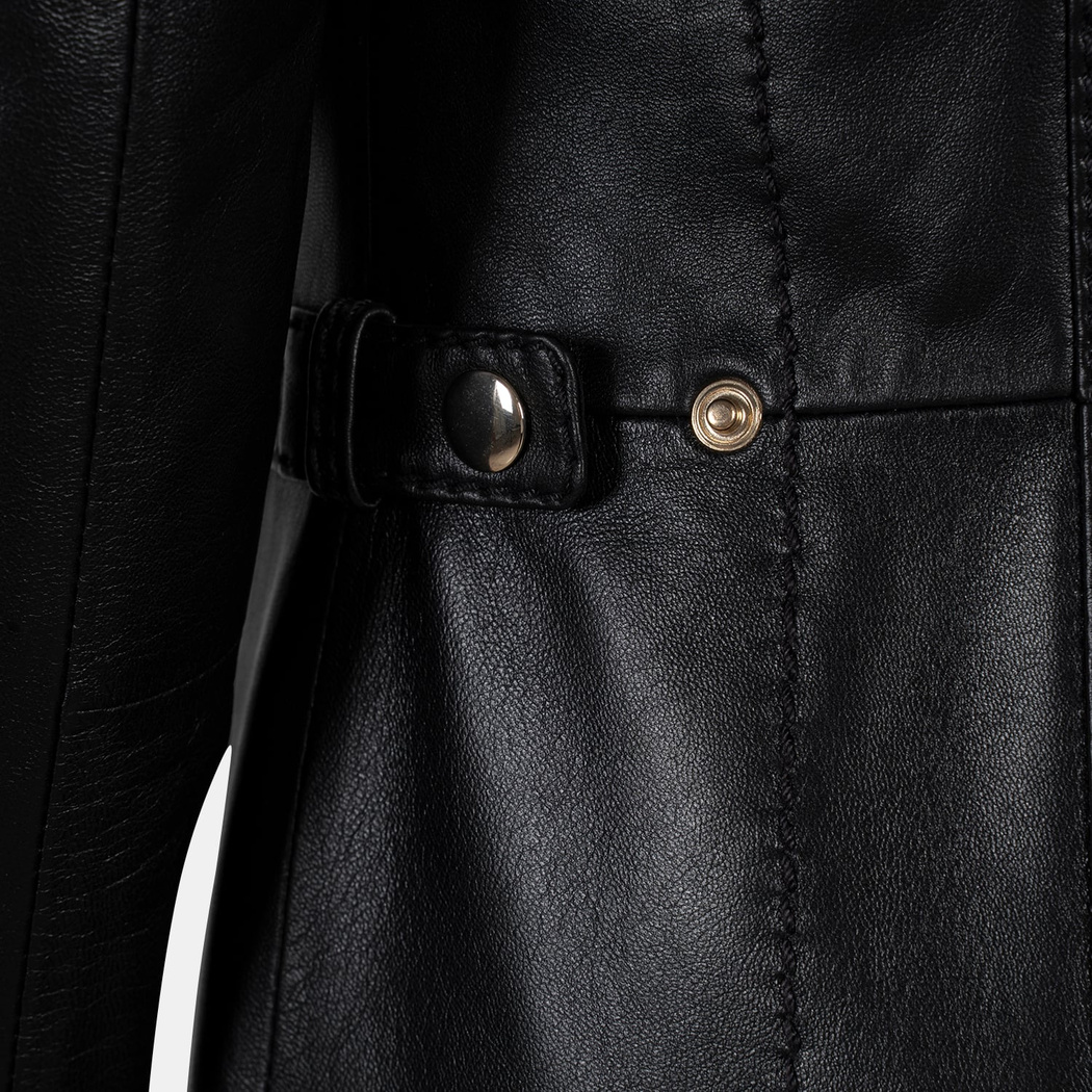 Kadın Siyah Hakim Yakalı Kapüşonlu Deri Kaban