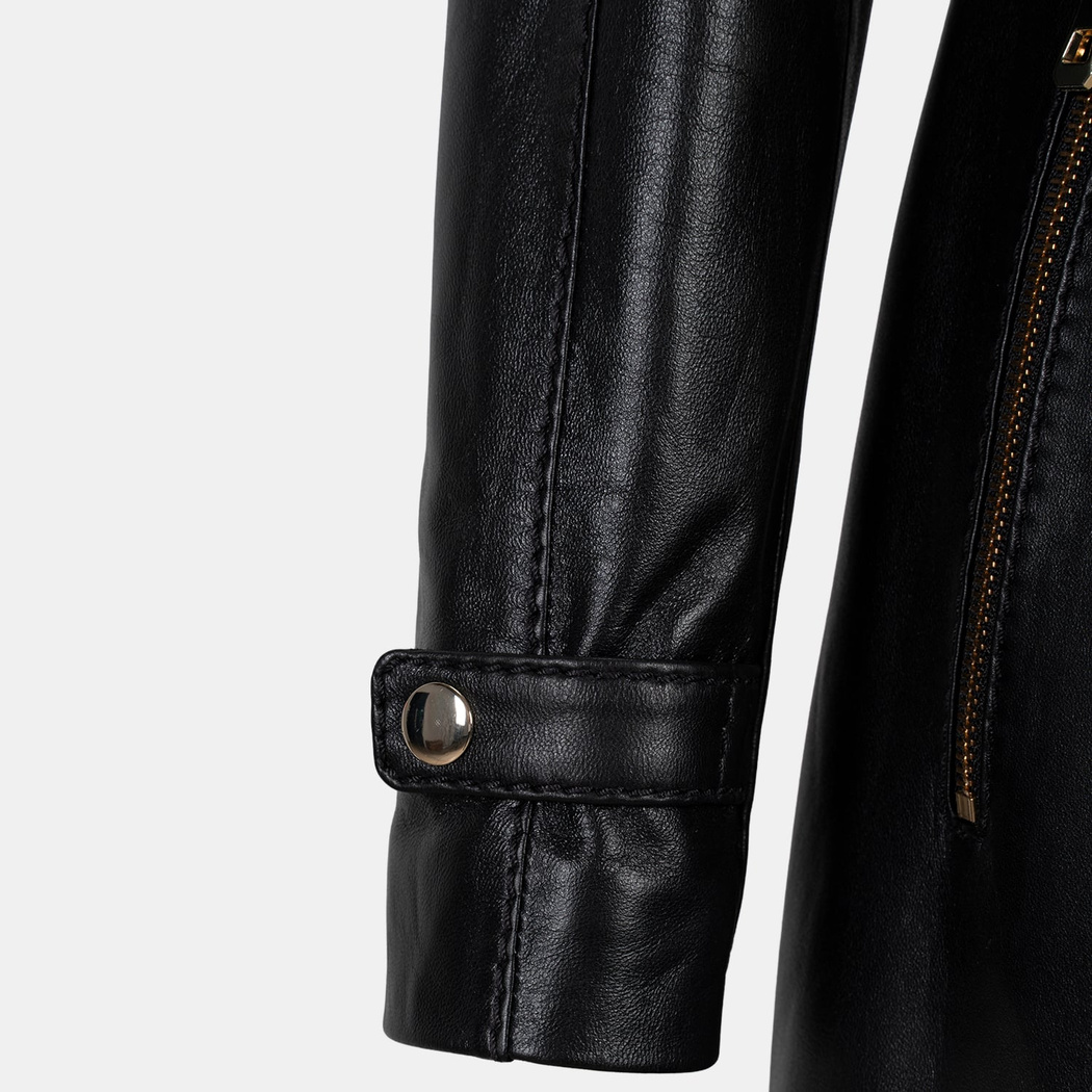 Kadın Siyah Hakim Yakalı Kapüşonlu Deri Kaban