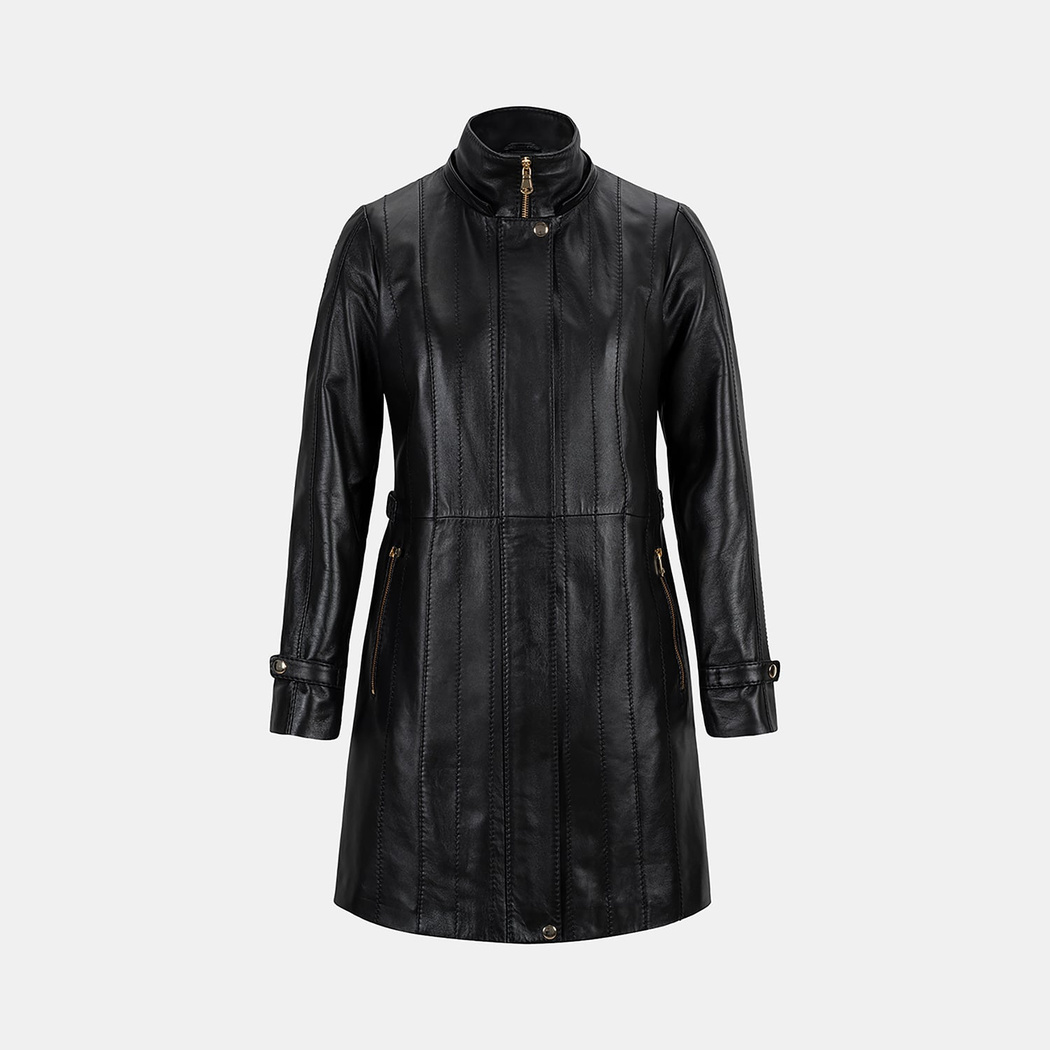 Kadın Siyah Hakim Yakalı Kapüşonlu Deri Kaban