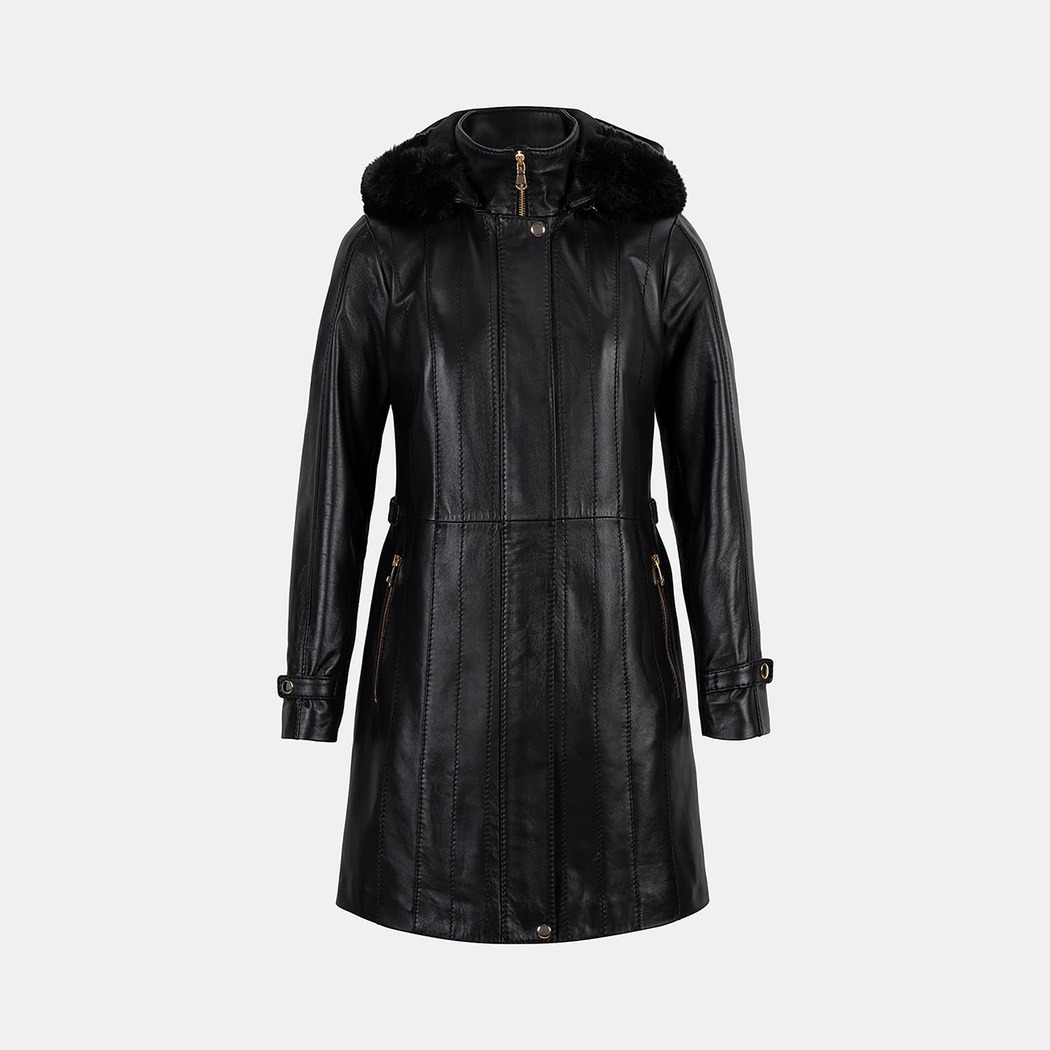 Kadın Siyah Hakim Yakalı Kapüşonlu Deri Kaban