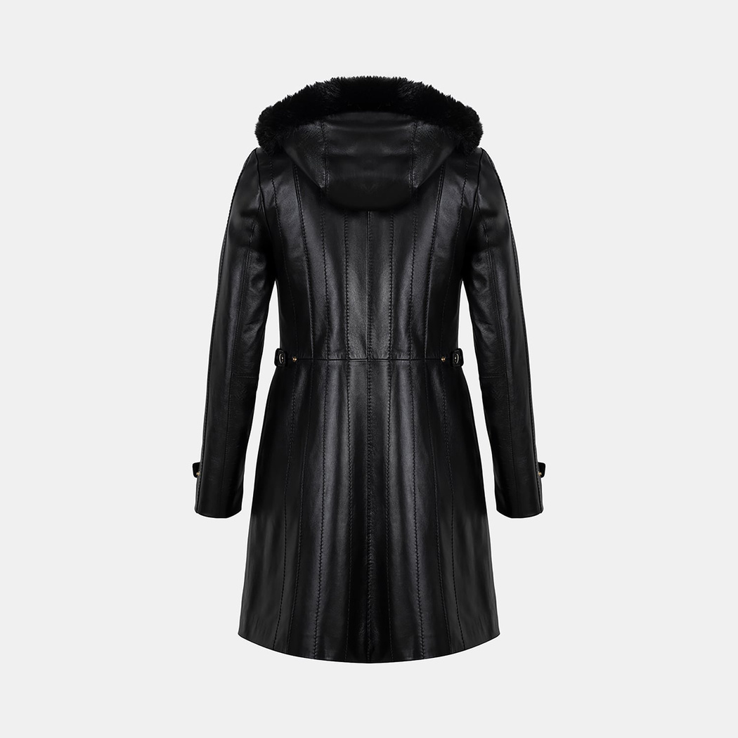 Kadın Siyah Hakim Yakalı Kapüşonlu Deri Kaban