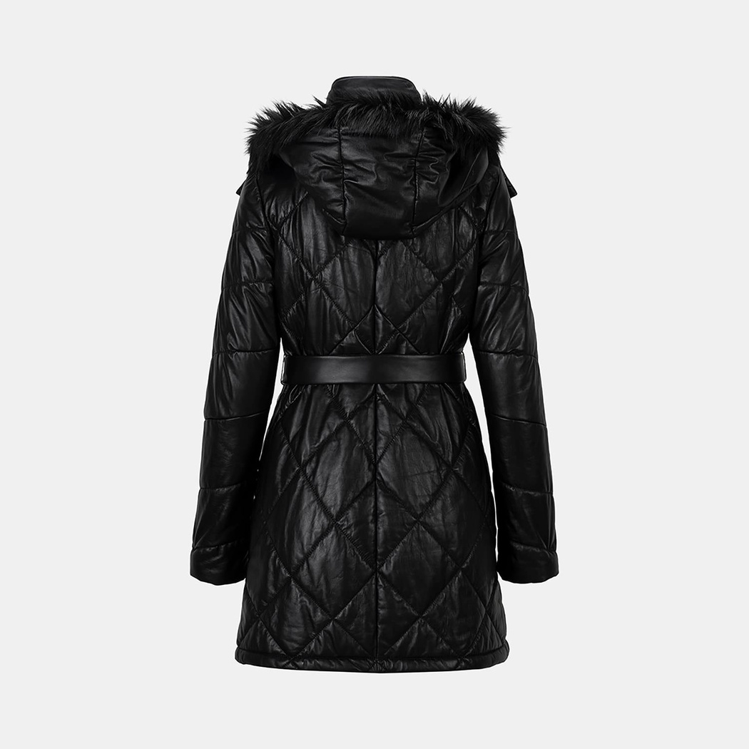 Kadın Siyah Hakim Yakalı Kapüşonlu Deri Mont