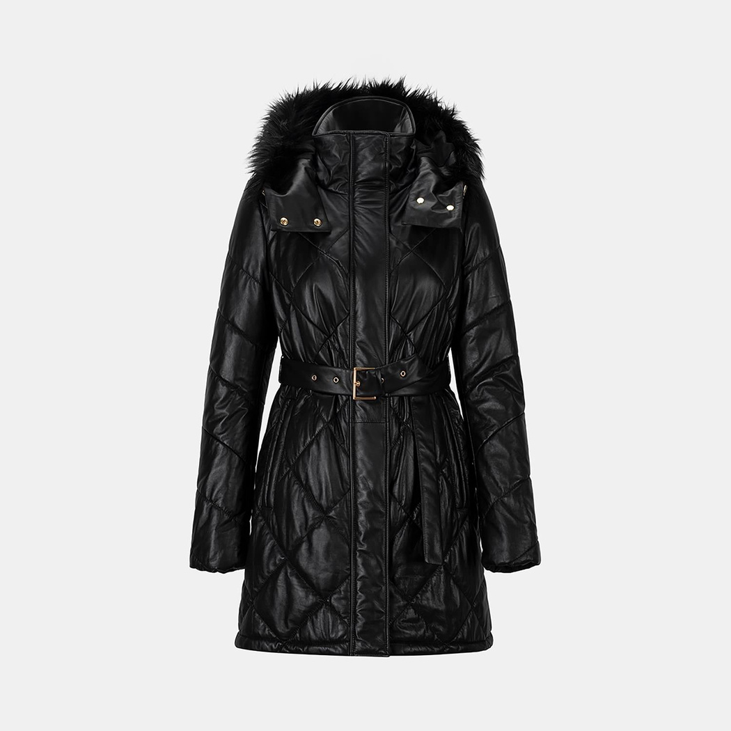 Kadın Siyah Hakim Yakalı Kapüşonlu Deri Mont