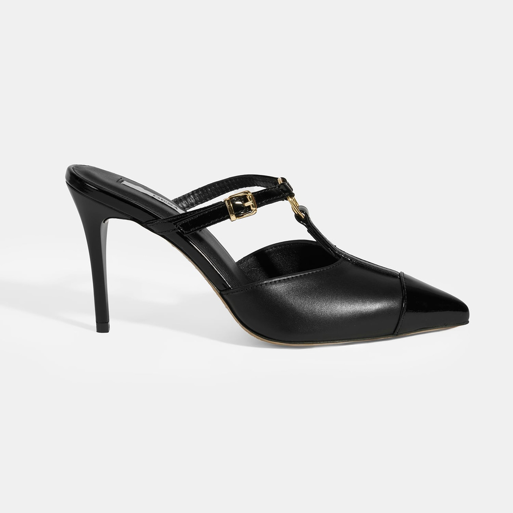 Kadın Siyah Halka Aksesuarlı Deri Abiye Topuklu Terlik