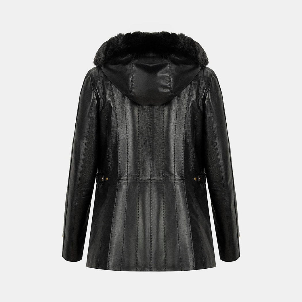 Kadın Siyah Kapüşonlu Deri Mont