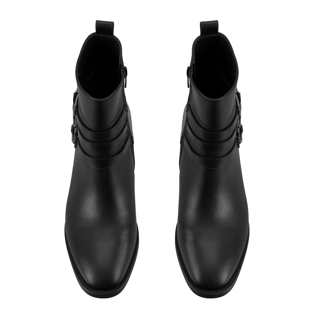 Kadın Siyah Kemer Aksesuarlı Topuklu Deri Bot