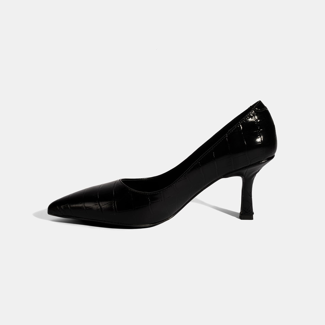 Kadın Siyah Kroko Baskılı Deri Stiletto
