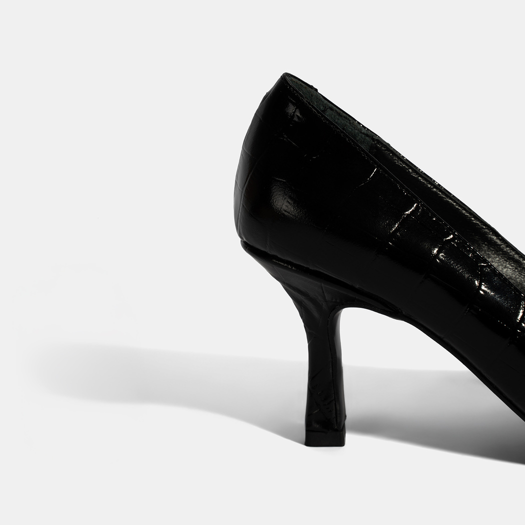 Kadın Siyah Kroko Baskılı Deri Stiletto