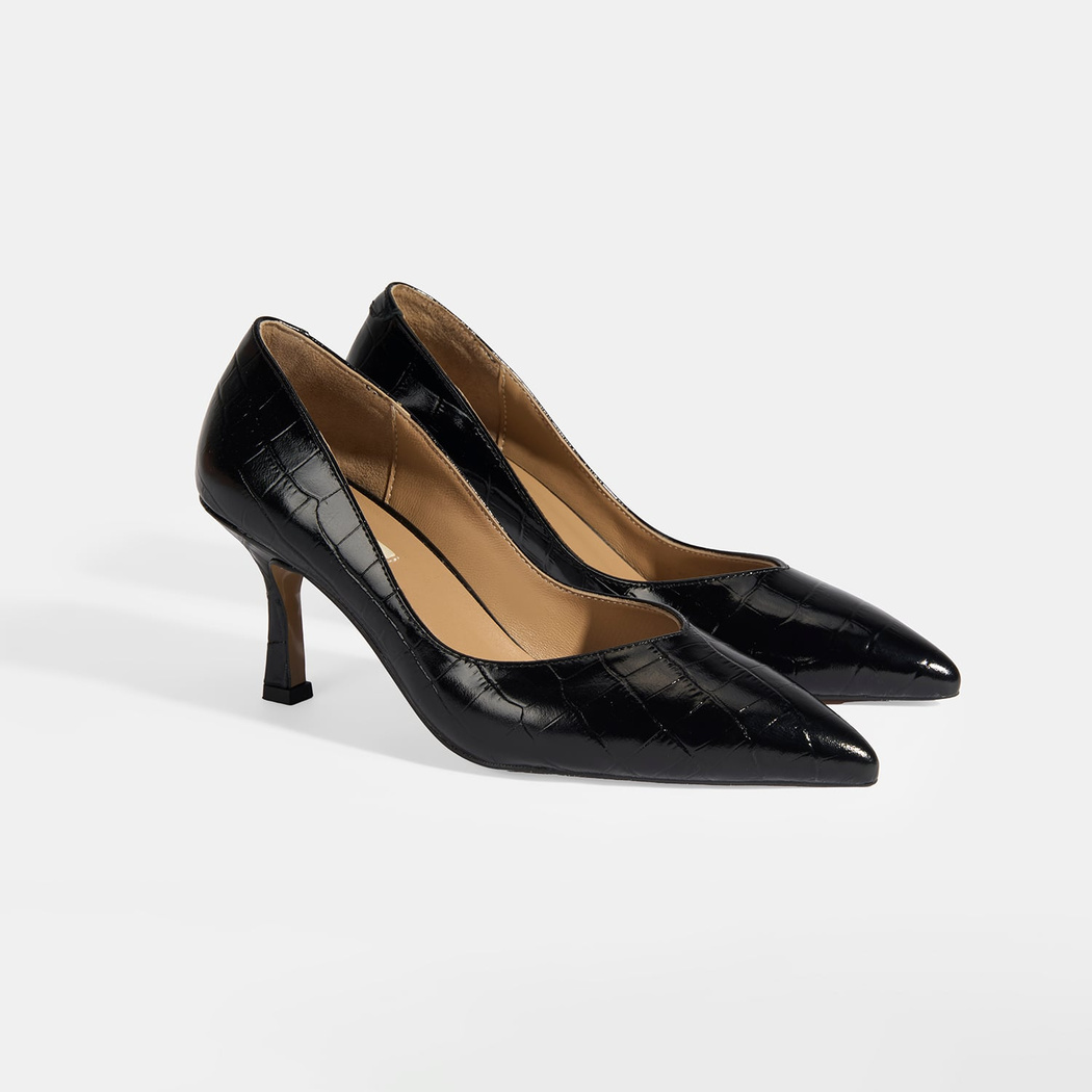 Kadın Siyah Kroko Baskılı Deri Stiletto