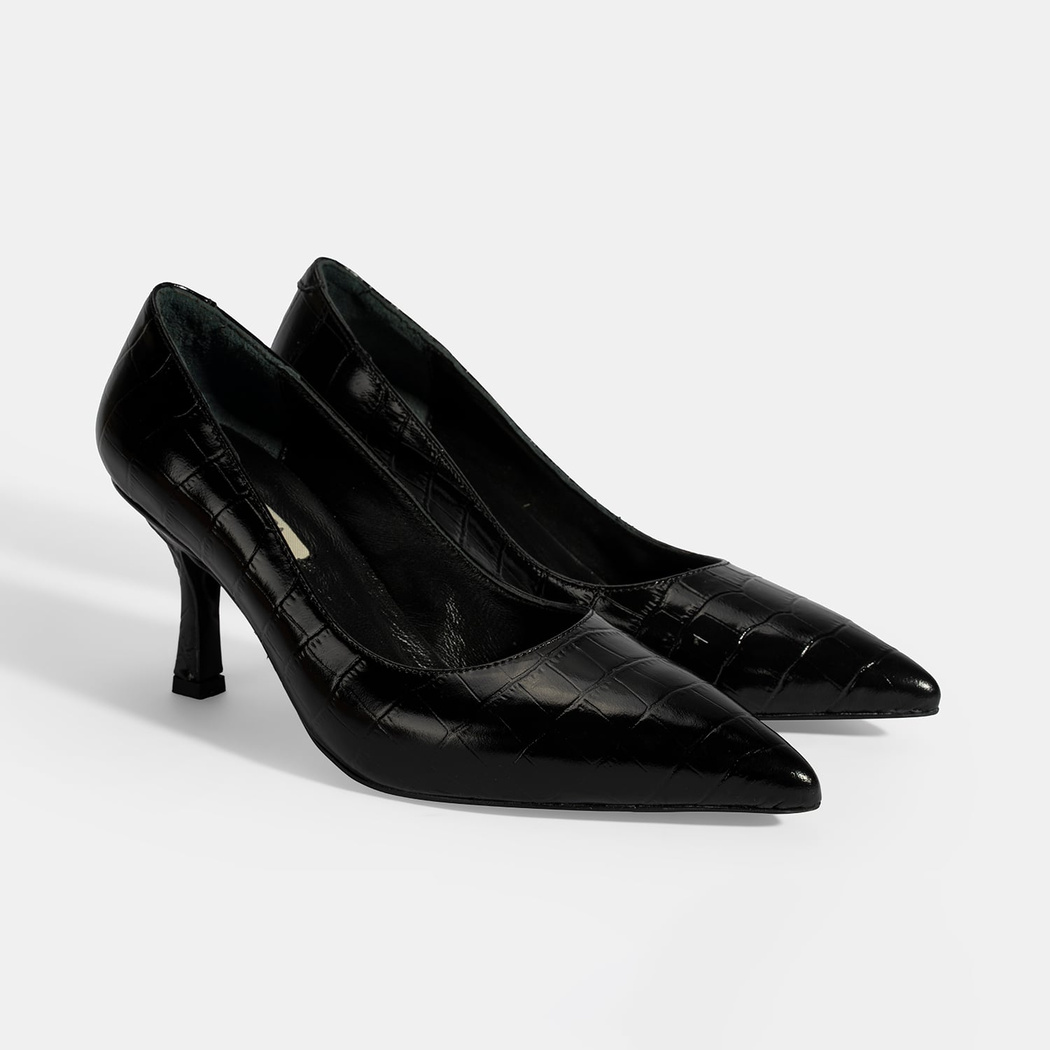 Kadın Siyah Kroko Baskılı Deri Stiletto