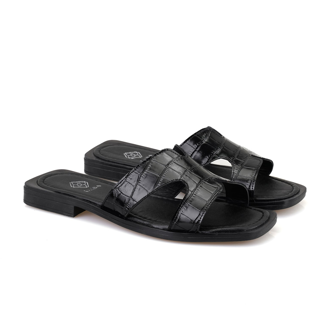 Kadın Siyah Kroko Baskılı Deri Terlik