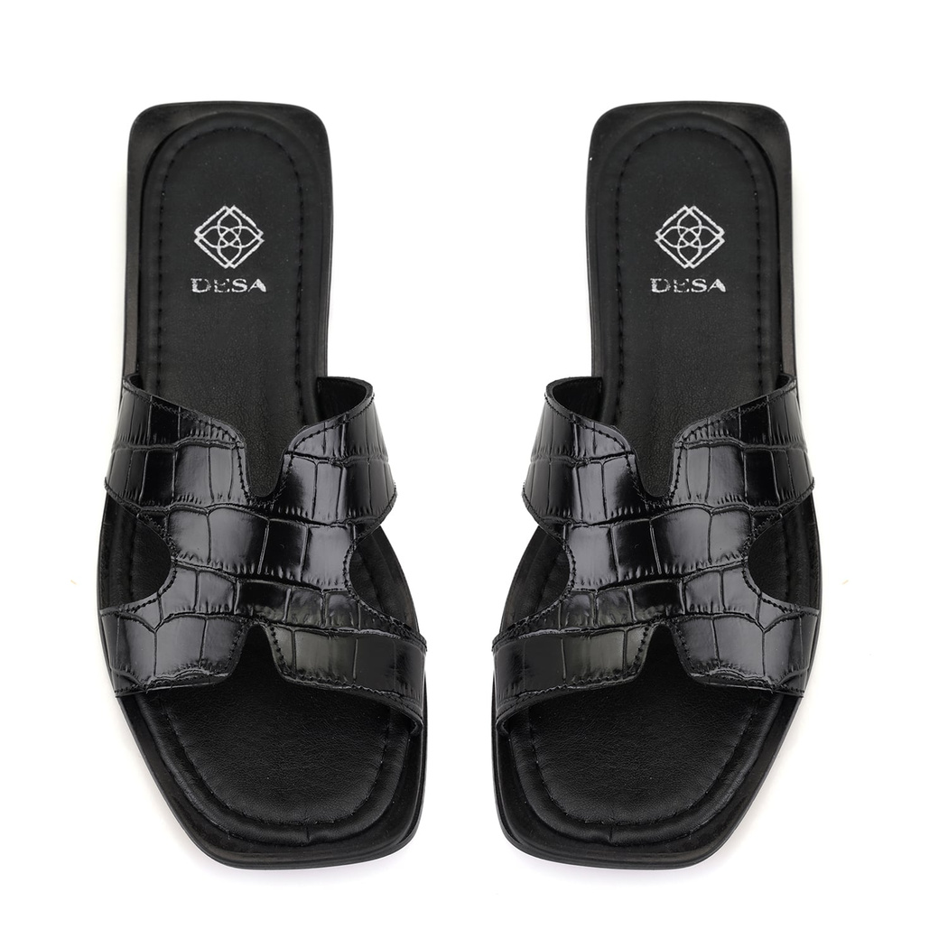 Kadın Siyah Kroko Baskılı Deri Terlik