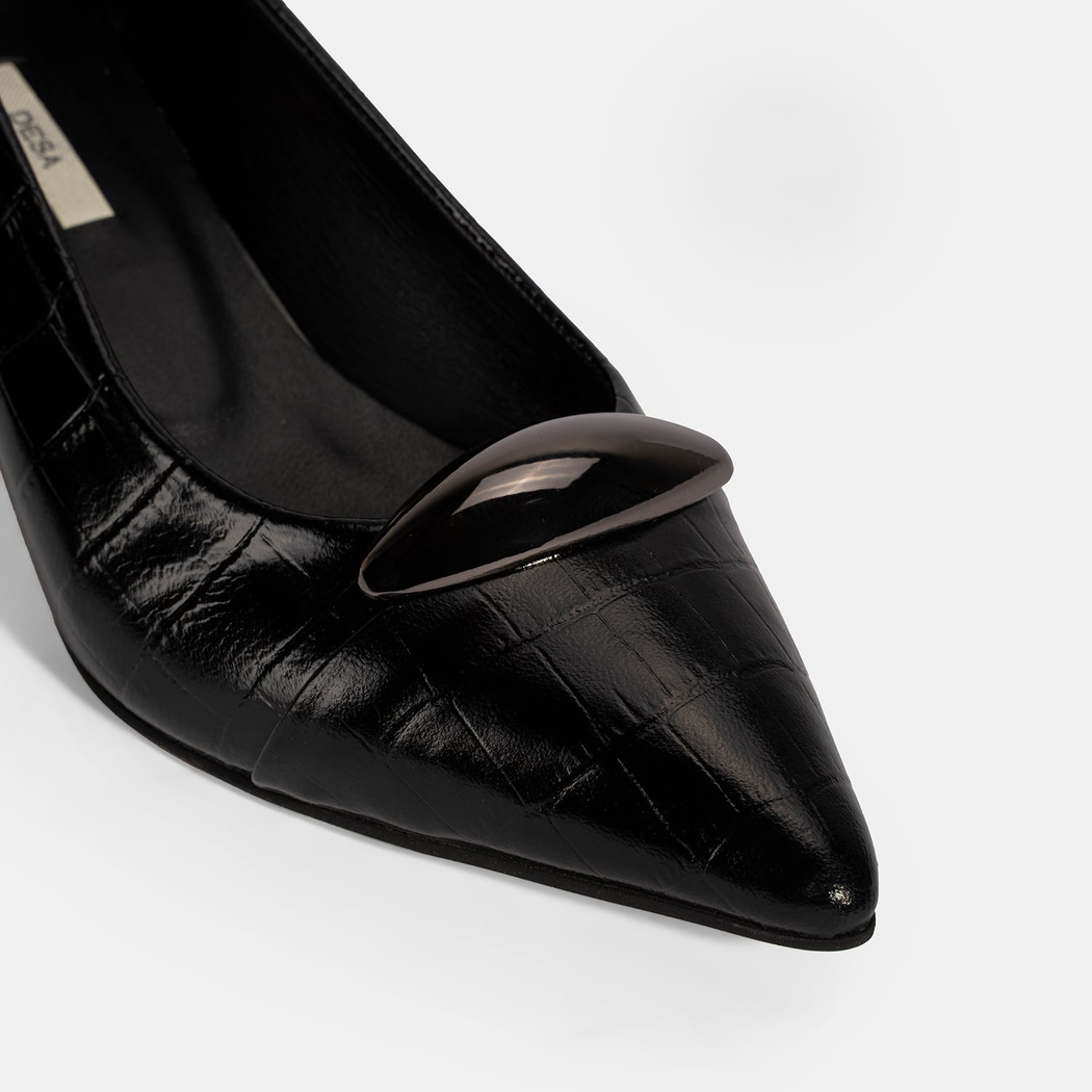 Kadın Siyah Kroko Baskılı Deri Topuklu Ayakkabı