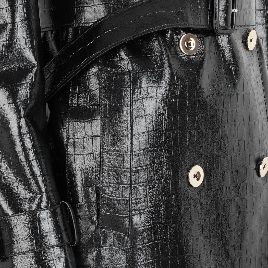 Kadın Siyah Kroko Baskılı Deri Trençkot