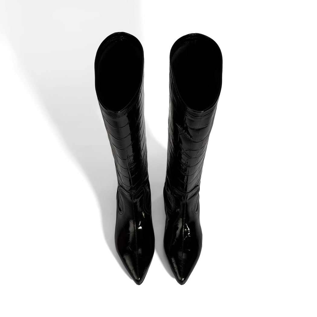 Kadın Siyah Kroko Baskılı İnce Topuklu Rugan Deri Çizme