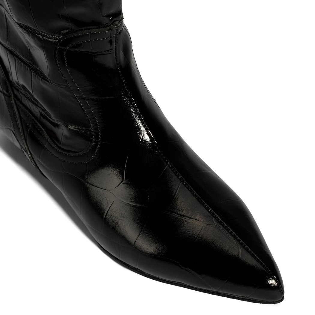 Kadın Siyah Kroko Baskılı İnce Topuklu Rugan Deri Çizme