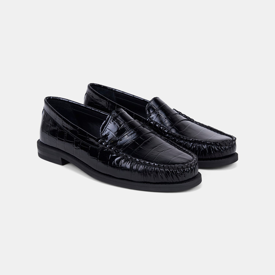 Kadın Siyah Kroko Baskılı Klasik Deri Loafer