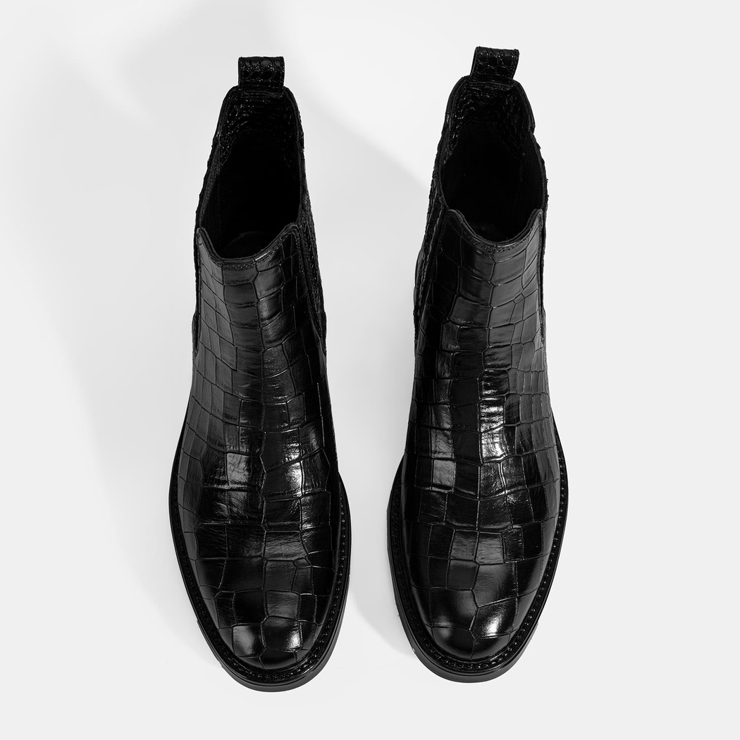 Kadın Siyah Kroko Baskılı Lastikli Deri Bot