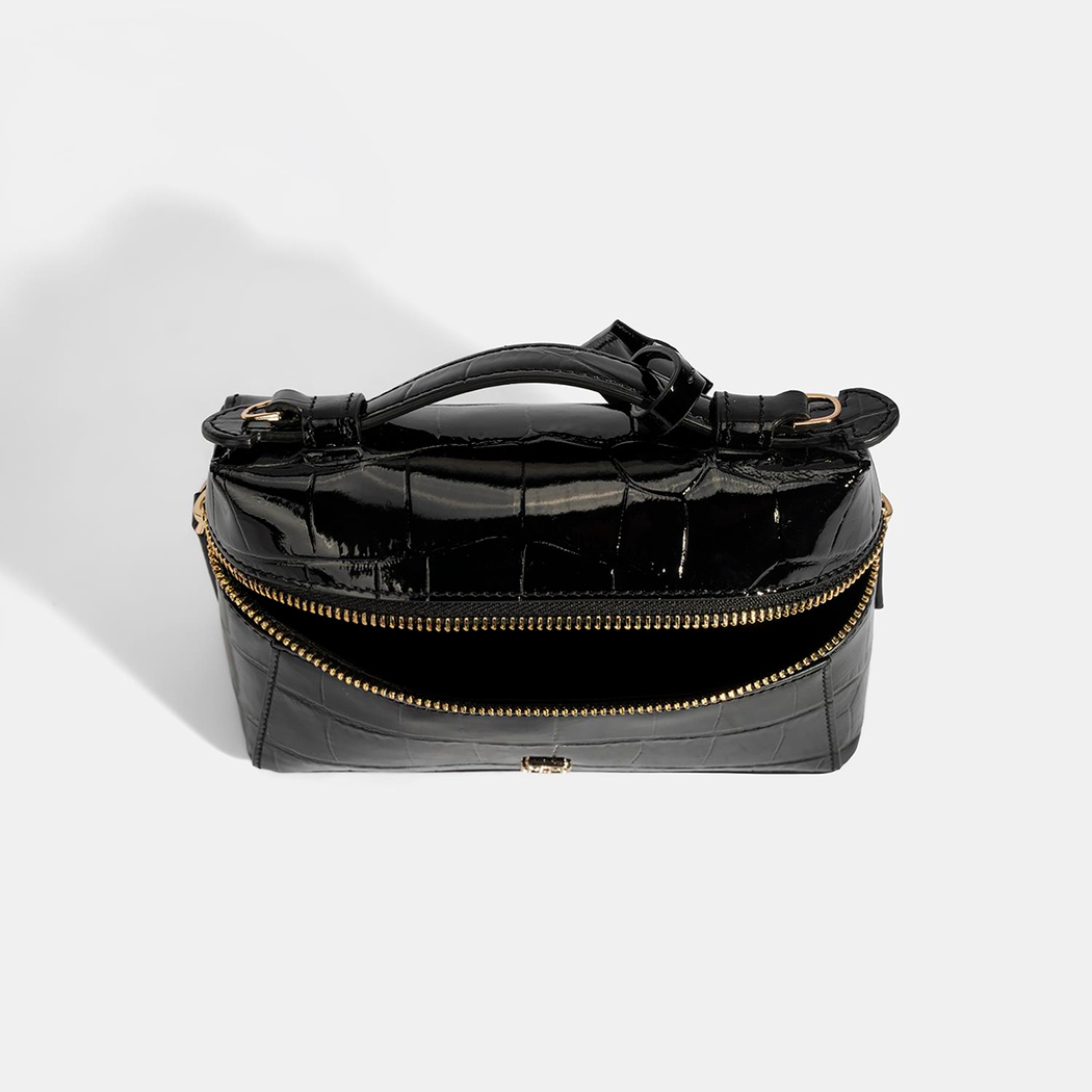 Kadın Siyah Kroko Baskılı Mini Deri El Çantası