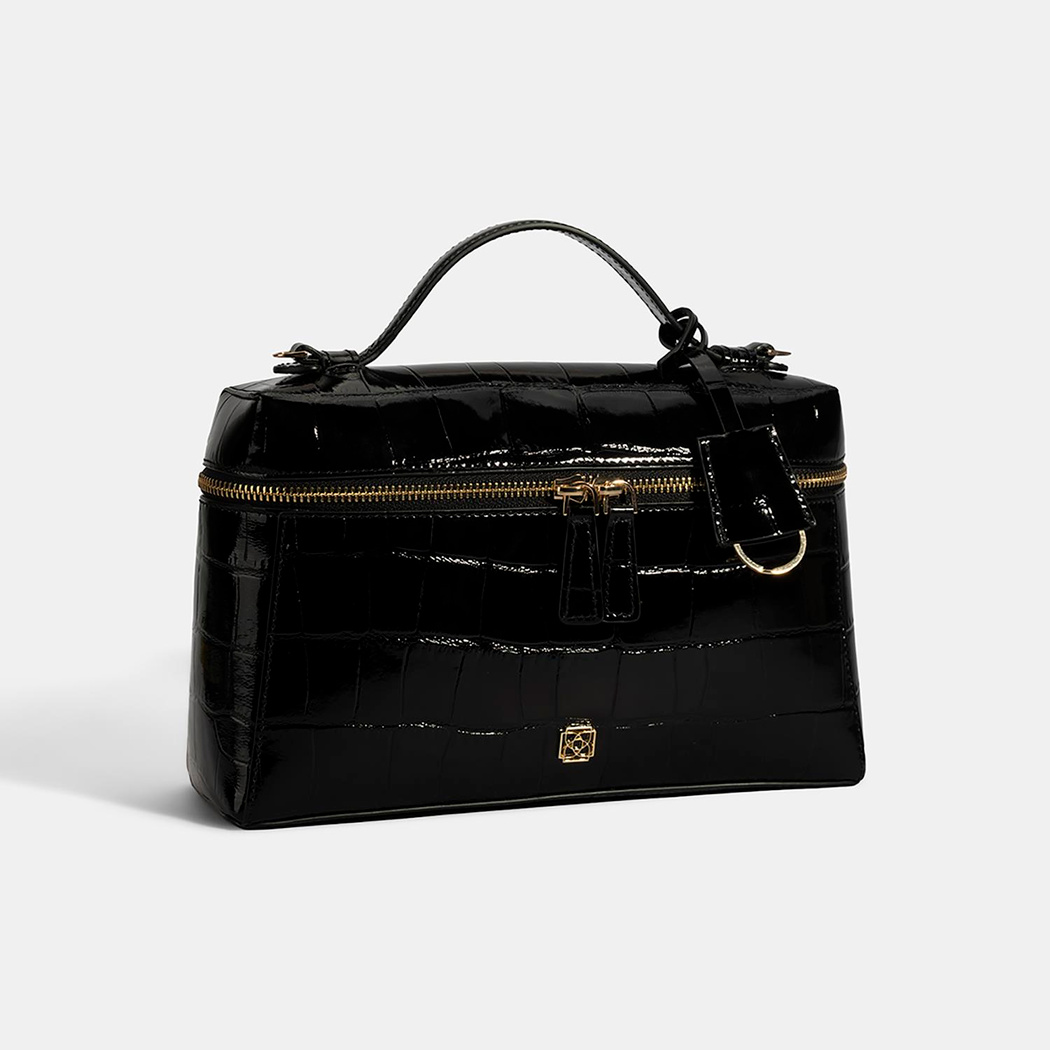 Kadın Siyah Kroko Baskılı Rugan Deri El Çantası
