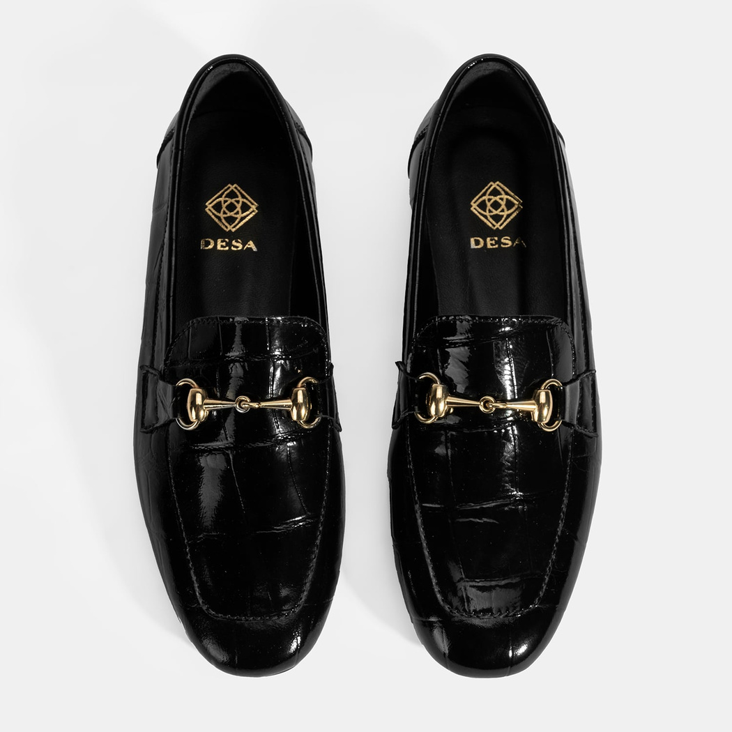 Kadın Siyah Kroko Baskılı Toka Detaylı Deri Loafer