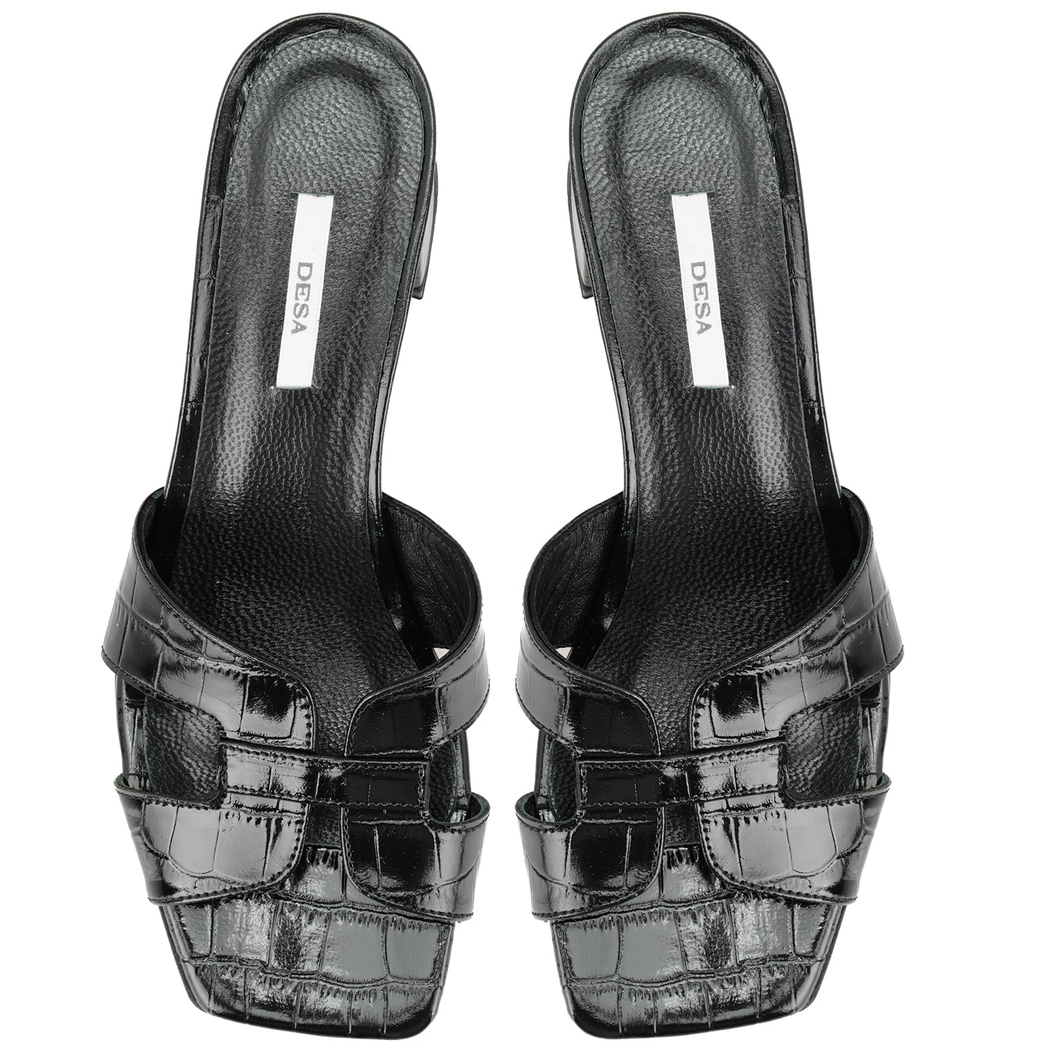 Kadın Siyah Kroko Baskılı Topuklu Deri Terlik