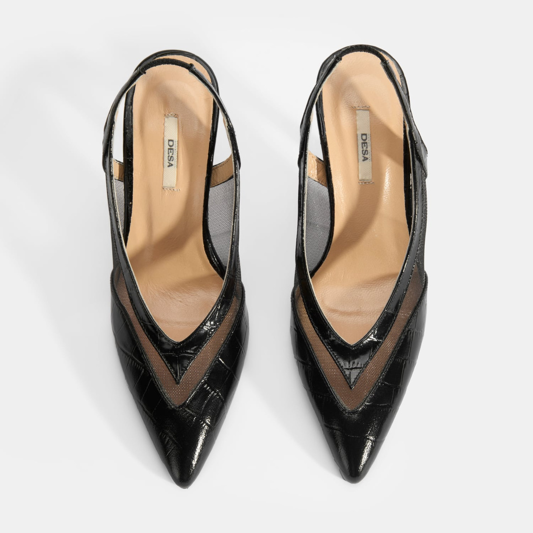 Kadın Siyah Kroko Desenli Fileli Abiye Topuklu Ayakkabı