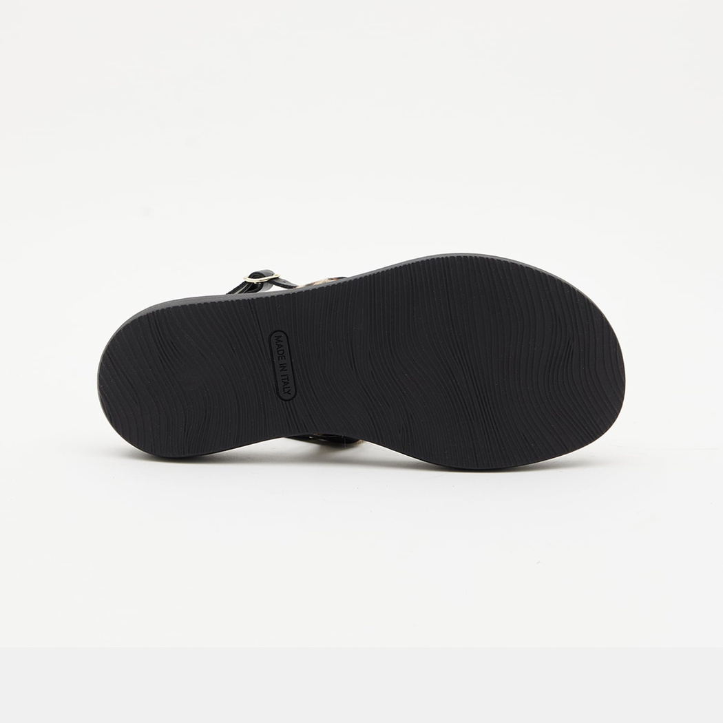 Kadın Siyah Leopar Desenli Tokalı Deri Sandalet