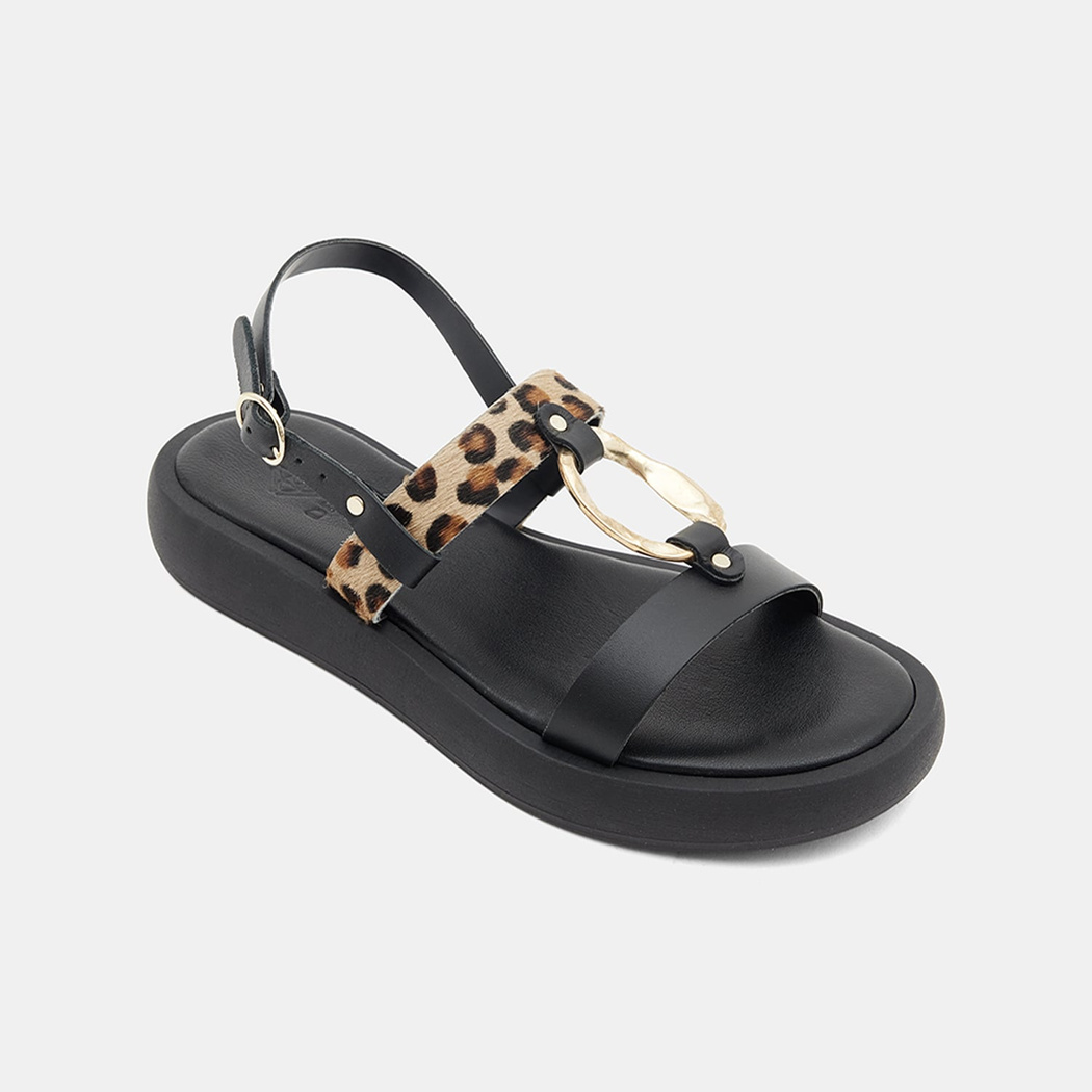 Kadın Siyah Leopar Desenli Tokalı Deri Sandalet